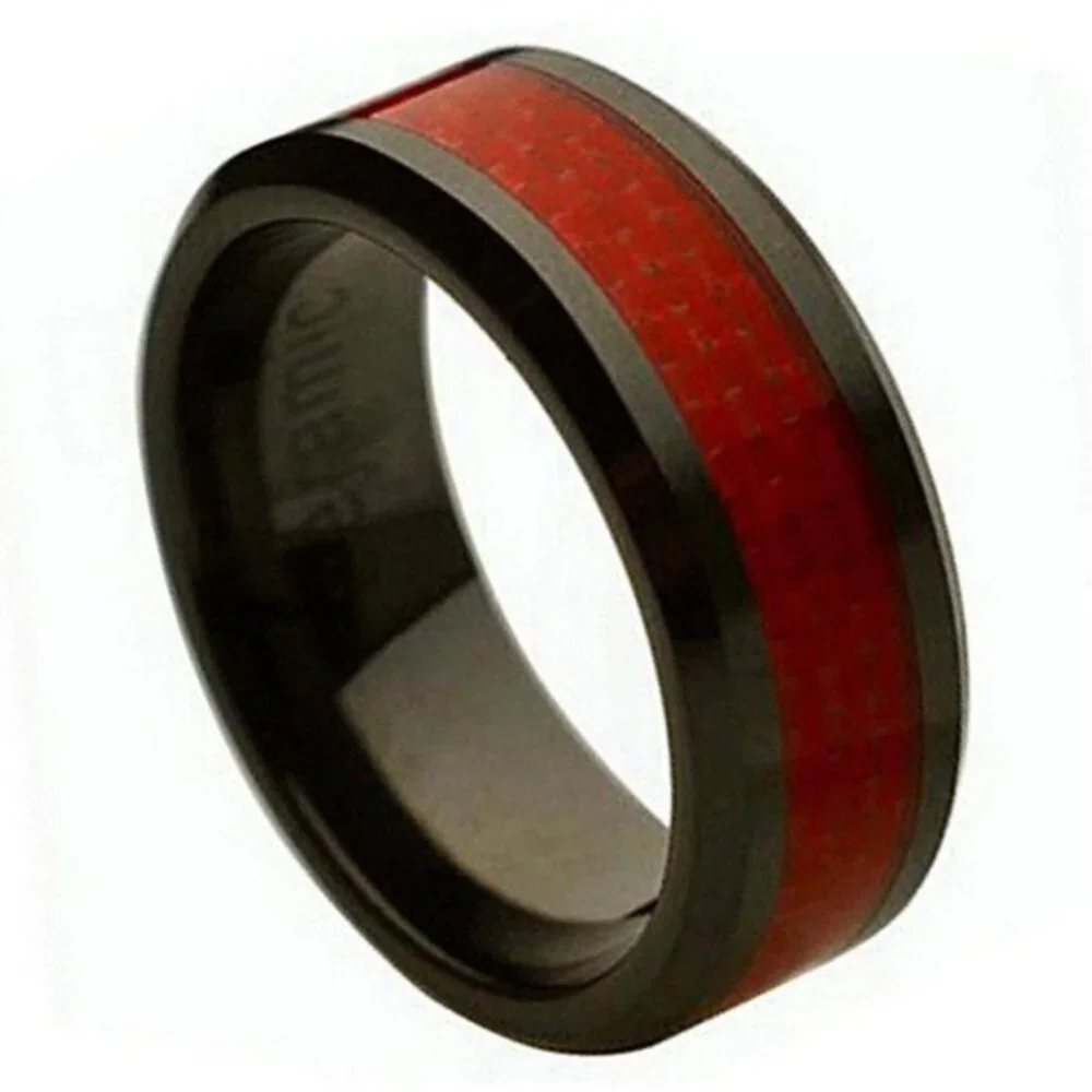 8MM CERAMIC WEDDING BAND RED CARBON FIBER INLAY